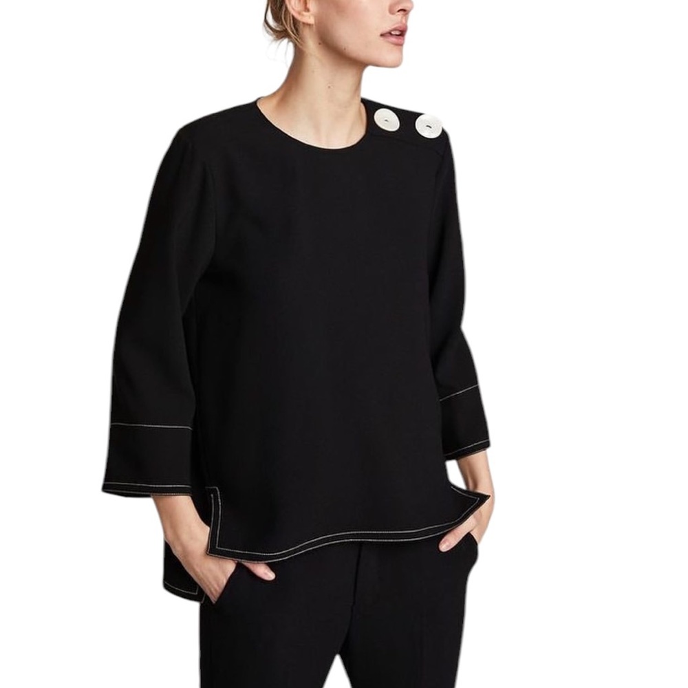NEW Zara Black & White Stitching Button Detail 3/4 Sleeve Top - XS